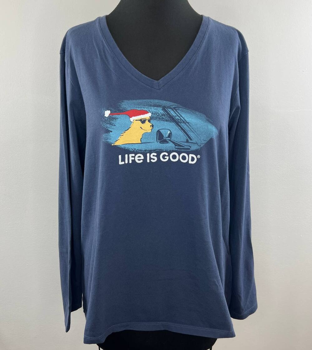 LIFE IS GOOD Women's Cruisin' Holidays Long Sleeve Crusher Vee V-Neck Tee XL